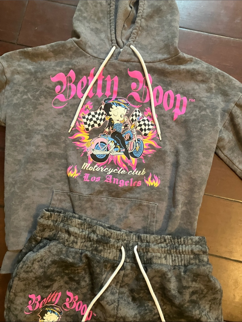 Betty Boop Gray Hoodie with Hot Pink Motorcycle Graphic Top XS bottom Medium